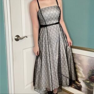 Vintage black mesh and white midi diamond gown with black ribbon belt